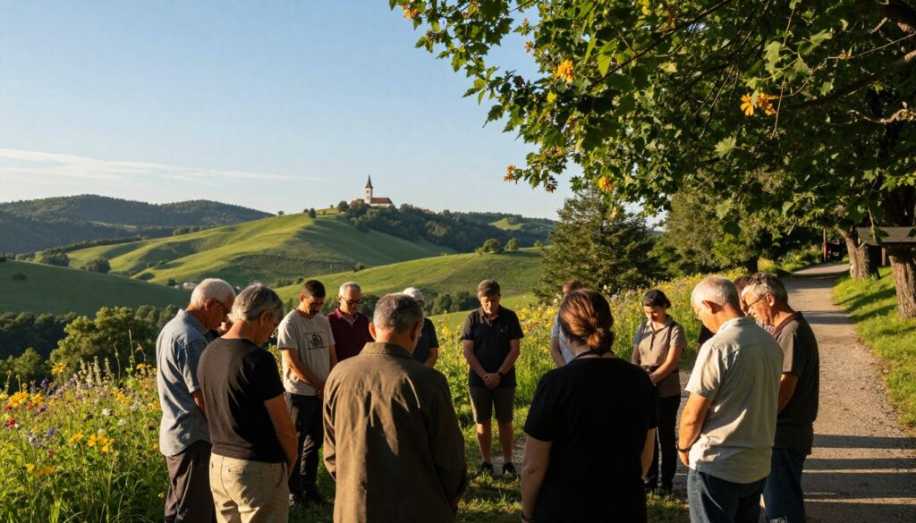 A serene and reflective scene depicting the spiritual fruits of pilgrimage to Medjugorje, highlighting a group of modestly dressed pilgrims gathered in prayer against a backdrop of lush green hills and a clear blue sky. In the foreground, the pilgrims, wearing casual yet respectful attire, stand in a circle, softly illuminated by warm, golden sunlight filtering through the trees. In the middle ground, a scenic view of the Medjugorje landscape unfolds, featuring gentle rolling hills and a distant church steeple, symbolizing hope and faith. The background should showcase a variety of colorful wildflowers and a peaceful pathway leading towards the horizon, evoking a sense of journey and tranquility. The overall mood is one of contemplation, reverence, and connection to both nature and spirituality.