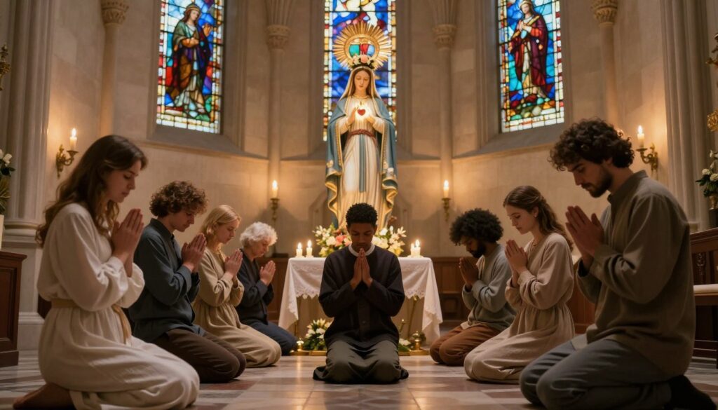 A serene and reverent scene depicting the act of consecration to the Immaculate Heart of Mary. In the foreground, a group of diverse individuals of varying ages and backgrounds, dressed in modest attire, kneel in prayer with hands clasped, their faces reflecting devotion and peace. In the middle, a radiant statue of the Virgin Mary, adorned with a crown of flowers and a glowing heart at her chest, emanates soft golden light, symbolizing hope and purity. The background features a peaceful sanctuary, softly illuminated by warm candlelight, with stained glass windows casting colorful patterns on the walls. The atmosphere is tranquil, evoking a deep sense of spirituality and connection. Capture the scene from a low angle to emphasize the grandeur of the statue and the earnestness of the worshippers. A serene and reverent scene depicting the act of consecration to the Immaculate Heart of Mary. In the foreground, a group of diverse individuals of varying ages and backgrounds, dressed in modest attire, kneel in prayer with hands clasped, their faces reflecting devotion and peace. In the middle, a radiant statue of the Virgin Mary, adorned with a crown of flowers and a glowing heart at her chest, emanates soft golden light, symbolizing hope and purity. The background features a peaceful sanctuary, softly illuminated by warm candlelight, with stained glass windows casting colorful patterns on the walls. The atmosphere is tranquil, evoking a deep sense of spirituality and connection. Capture the scene from a low angle to emphasize the grandeur of the statue and the earnestness of the worshippers.