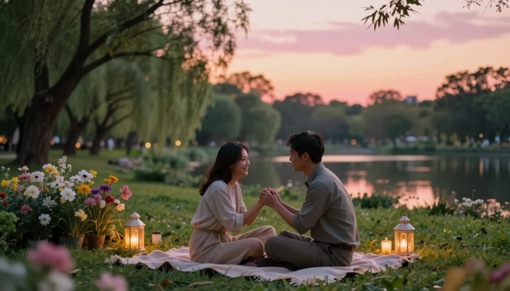 A serene and romantic scene focusing on the theme of love, set in an enchanting park during the golden hour of sunset. In the foreground, two figures—a man and a woman—are sitting closely on a cozy blanket, both dressed in smart-casual attire, smiling and holding hands, radiating warmth and connection. In the middle ground, blooming flowers and softly glowing lanterns create an inviting atmosphere. The background features lush trees gently swaying in the breeze and a calm pond reflecting the pinkish-orange hues of the sunset sky. The overall mood is dreamy and hopeful, evoking feelings of love and companionship, captured with a soft focus lens to enhance the romantic ambiance.