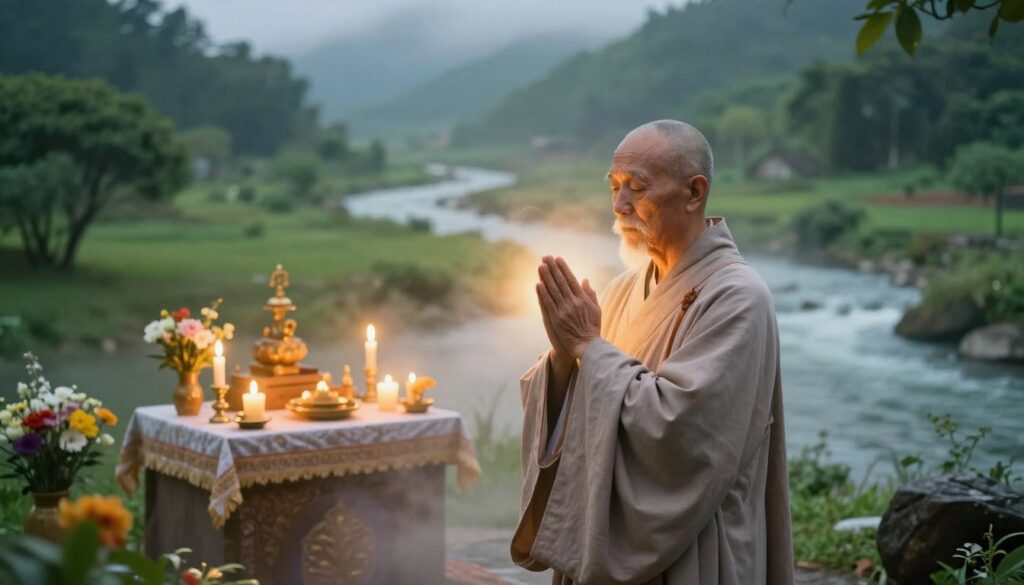 A serene and sacred setting featuring a soft, glowing light that radiates ethereal warmth. In the foreground, an elderly, pious monk in modest traditional robes stands with hands raised in prayer, surrounded by a gentle mist that symbolizes healing energy. The middle ground showcases an illuminated altar adorned with candles and flowers, emphasizing a sense of reverence and spirituality. In the background, the tranquil landscape of a lush green valley with softly flowing water adds to the peaceful atmosphere. The scene conveys hope and miraculous healing, capturing a moment of divine intervention. The lighting is soft and heavenly, creating an uplifting mood of tranquility and faith, viewed from a slightly elevated angle to encompass both the monk and the vibrant natural surroundings.