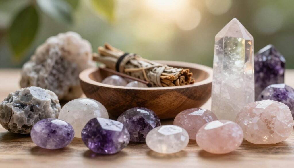 A serene arrangement of various minerals and gemstones, showcasing their unique colors and textures, emphasizing their role in emotional cleansing. In the foreground, an array of polished crystals like amethyst, rose quartz, and clear quartz, reflecting soft natural light. The middle ground reveals a wooden dish or altar adorned with incense and sage, creating a holistic ambiance. In the background, a tranquil, softly blurred scene of a peaceful nature environment, with gentle sunlight filtering through leaves, enhancing a sense of calm. The overall mood is harmonious and meditative, ideal for illustrating the symbolic significance of minerals in emotional healing, captured with warm, inviting lighting to create an uplifting atmosphere. A serene arrangement of various minerals and gemstones, showcasing their unique colors and textures, emphasizing their role in emotional cleansing. In the foreground, an array of polished crystals like amethyst, rose quartz, and clear quartz, reflecting soft natural light. The middle ground reveals a wooden dish or altar adorned with incense and sage, creating a holistic ambiance. In the background, a tranquil, softly blurred scene of a peaceful nature environment, with gentle sunlight filtering through leaves, enhancing a sense of calm. The overall mood is harmonious and meditative, ideal for illustrating the symbolic significance of minerals in emotional healing, captured with warm, inviting lighting to create an uplifting atmosphere.