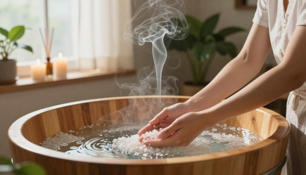 A serene bathroom setting focused on a calming ritual of cleansing. In the foreground, a wooden bathtub filled with warm water and sea salt, surrounded by gentle wisps of aromatic smoke rising from incense sticks. The middle layer features soft, natural light filtering through a window adorned with sheer curtains, casting a warm glow over the scene. In the background, lush green plants and soothing candles add to the tranquil atmosphere. A modestly dressed individual, reflecting a sense of peace and mindfulness, gently stirs the water with their hands, embodying the essence of self-care and purification. The overall mood is serene and meditative, evoking a sense of renewal and energetic cleansing.