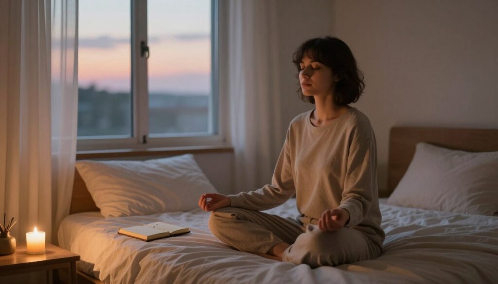 A serene bedroom scene at dusk, featuring a cozy, neatly made bed adorned with soft pillows. In the foreground, a peaceful figure, wearing modest casual clothing, sits cross-legged on the bed, eyes closed in meditation, embodying tranquility. Soft, warm light filters through sheer curtains, creating a calming ambiance. On the bedside table, a journal and a candle emit a gentle glow, symbolizing self-reflection and affirmation. In the background, a window reveals a twilight sky with soft pastels, enhancing the soothing atmosphere. The overall mood is one of relaxation and positivity, inviting viewers to embrace the practice of nighttime affirmations. The composition is captured from a slightly elevated angle to emphasize the peaceful setting. A serene bedroom scene at dusk, featuring a cozy, neatly made bed adorned with soft pillows. In the foreground, a peaceful figure, wearing modest casual clothing, sits cross-legged on the bed, eyes closed in meditation, embodying tranquility. Soft, warm light filters through sheer curtains, creating a calming ambiance. On the bedside table, a journal and a candle emit a gentle glow, symbolizing self-reflection and affirmation. In the background, a window reveals a twilight sky with soft pastels, enhancing the soothing atmosphere. The overall mood is one of relaxation and positivity, inviting viewers to embrace the practice of nighttime affirmations. The composition is captured from a slightly elevated angle to emphasize the peaceful setting.