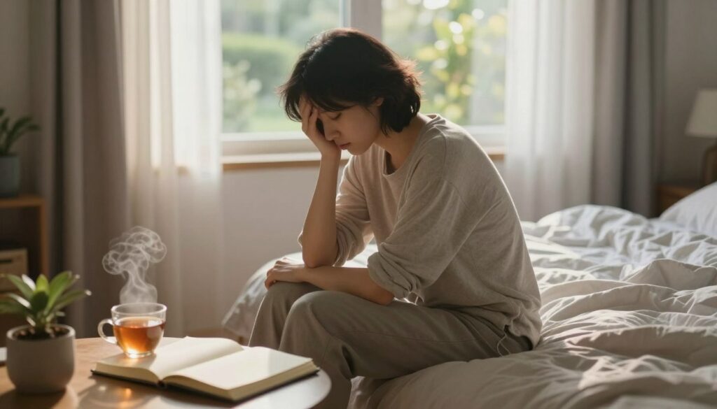A serene bedroom scene bathed in soft morning light, capturing a person sitting on the edge of the bed with a contemplative expression. The individual is dressed in modest casual clothing, reflecting a sense of vulnerability and introspection. In the foreground, a journal and a steaming cup of tea sit on a bedside table, symbolizing the process of working through emotions. The middle ground features a calm, inviting atmosphere with gentle colors and warm sunlight filtering through sheer curtains, creating an ethereal glow. In the background, a cozy window reveals a peaceful garden, signifying hope and renewal. The overall mood is reflective and tranquil, illustrating the journey of addressing difficult emotions after waking up.