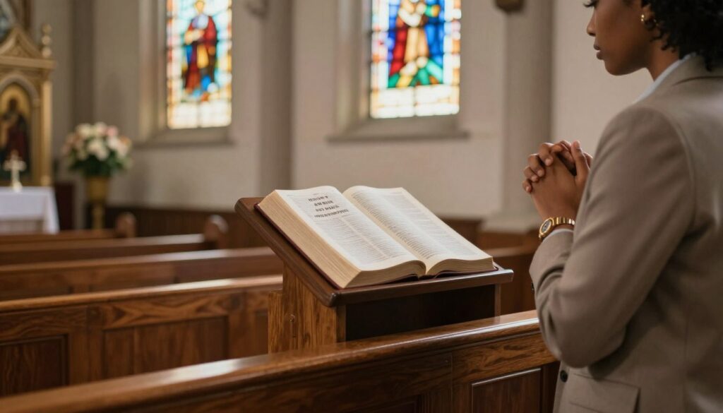 A serene church interior with soft, warm lighting filtering through stained glass windows, casting colorful reflections on the wooden pews. In the foreground, a person of diverse descent, dressed in modest business attire, stands with their hands clasped in contemplation, embodying a sense of reflection and positivity. In the middle ground, an open Bible rests on a lectern, its pages slightly turned, symbolizing the connection between faith and personal affirmations. In the background, delicate floral arrangements and church icons enhance the spiritual atmosphere. The overall mood is peaceful and contemplative, inviting viewers to ponder the intersection of affirmations and faith within a sacred space. The composition should be framed from a slightly elevated angle, emphasizing both the subject and the church's tranquil ambiance.