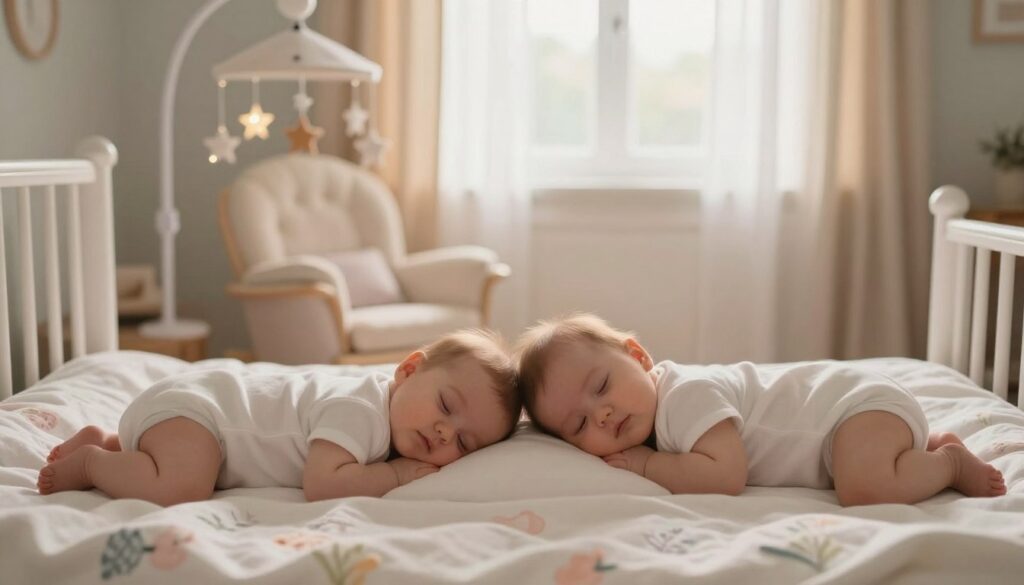 A serene dreamlike scene depicting two identical twin infants nestled closely together in a softly lit nursery. In the foreground, the twins lie on a cozy white blanket adorned with delicate pastel patterns, their cherubic faces radiating tranquility. Both twins are dressed in matching, modest baby bodysuits, showcasing their bond. In the middle, a stylish rocking chair and a mobile adorned with twinkling stars create a warm, nurturing atmosphere. The background features a window with sheer curtains that gently diffuse the soft morning light, casting a golden glow over the room. The overall mood is peaceful, evoking feelings of warmth, connection, and the deep-rooted relationships symbolized by the twins, as if they embody the dream world’s essence of human bonds.