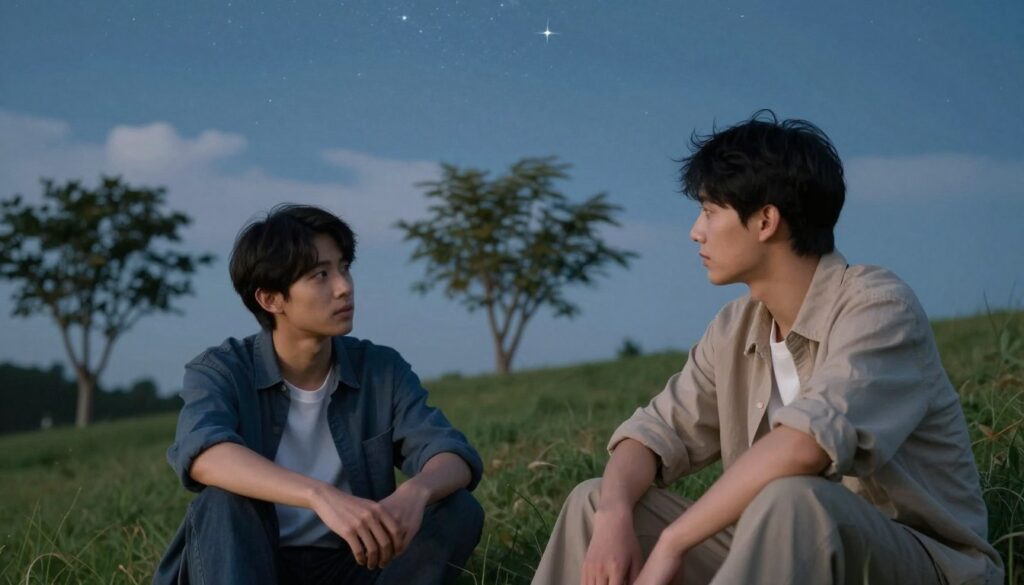 A serene dreamscape depicting a conversation between two brothers in a softly lit environment. In the foreground, two young men, dressed in casual but neat clothing, sit on a grassy hill under a starry night sky. Their expressions are thoughtful and introspective, embodying a sense of connection and reflection. In the middle ground, gentle trees sway slightly in a light breeze, providing a feeling of tranquility. The background features a subtle blend of moonlit clouds and twinkling stars, creating an ethereal atmosphere. The overall mood is calm and contemplative, highlighting the significance of their interaction as a harbinger of change. The image is captured with a shallow depth of field to emphasize the brothers while softly blurring the background. A serene dreamscape depicting a conversation between two brothers in a softly lit environment. In the foreground, two young men, dressed in casual but neat clothing, sit on a grassy hill under a starry night sky. Their expressions are thoughtful and introspective, embodying a sense of connection and reflection. In the middle ground, gentle trees sway slightly in a light breeze, providing a feeling of tranquility. The background features a subtle blend of moonlit clouds and twinkling stars, creating an ethereal atmosphere. The overall mood is calm and contemplative, highlighting the significance of their interaction as a harbinger of change. The image is captured with a shallow depth of field to emphasize the brothers while softly blurring the background.