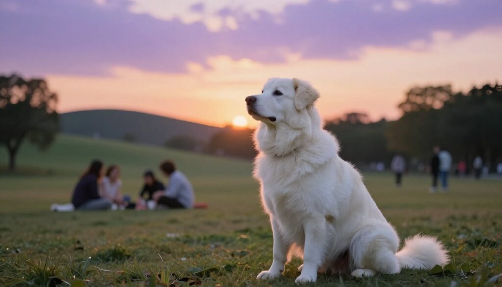A serene dreamscape depicting the relationship between dogs and their surroundings. In the foreground, a loyal, white dog sits attentively, its fur gleaming in soft, ethereal light, embodying fidelity. The middle ground features a tranquil scene with an open park landscape, where people engage in joyful activities, creating a sense of harmony. In the background, a gently rolling hill merges with a soft sunset, casting warm hues of orange and purple across the sky. This image should evoke feelings of safety and connection, highlighting the bond between humans and dogs within the context of dreams. Utilize soft focus for a dreamlike atmosphere, with natural lighting that enhances the overall tranquility and emotional depth of the scene.