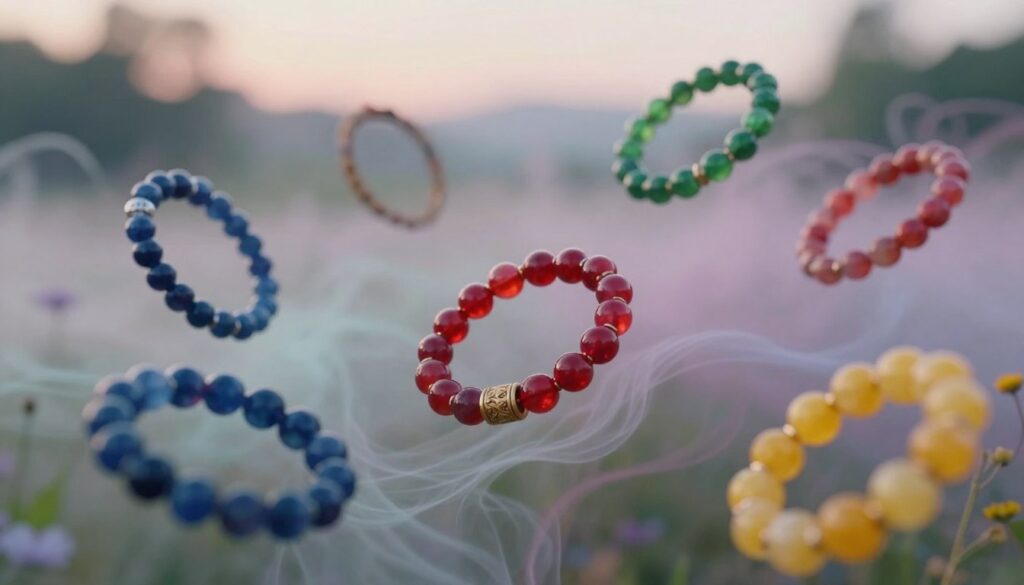 A serene dreamscape featuring a collection of colorful bracelets floating gently in a soft, ethereal environment. In the foreground, close-up shots of bracelets in various colors—deep blue representing tranquility, vibrant red symbolizing passion, lush green for growth, and sunny yellow reflecting joy—each with intricate designs and textures. The middle ground showcases gentle, swirling wisps of pastel colors, creating a dreamy atmosphere, while a softly blurred nature backdrop enhances the sense of mystery. The lighting is soft and diffused, mimicking twilight with warm highlights and cool shadows, evoking emotions of wonder and introspection. A calm, meditative mood permeates the image, inviting viewers to explore the emotional significance of color in the context of personal connections and promises. A serene dreamscape featuring a collection of colorful bracelets floating gently in a soft, ethereal environment. In the foreground, close-up shots of bracelets in various colors—deep blue representing tranquility, vibrant red symbolizing passion, lush green for growth, and sunny yellow reflecting joy—each with intricate designs and textures. The middle ground showcases gentle, swirling wisps of pastel colors, creating a dreamy atmosphere, while a softly blurred nature backdrop enhances the sense of mystery. The lighting is soft and diffused, mimicking twilight with warm highlights and cool shadows, evoking emotions of wonder and introspection. A calm, meditative mood permeates the image, inviting viewers to explore the emotional significance of color in the context of personal connections and promises.