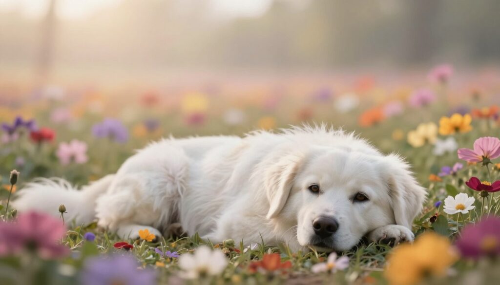 A serene dreamscape featuring a soft, fluffy white dog lying peacefully on a bed of vibrant, multi-colored flowers. In the foreground, the dog gazes directly at the viewer, its expressive eyes embodying loyalty and calmness. The middle ground reveals a subtle gradient of swirling colors representing different fur tones, merging into the backdrop, which consists of a blurred, ethereal landscape bathed in gentle, warm sunlight to evoke a dream-like atmosphere. The lighting highlights the textures of the dog's fur and the delicate petals around it, creating a harmonious interplay of light and shadow. The overall mood is tranquil and introspective, inviting viewers to contemplate the significance of fur color in dreams.