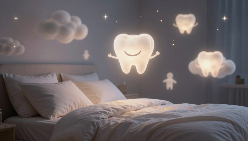A serene dreamscape featuring a tranquil bedroom scene bathed in soft, gentle moonlight. In the foreground, a cozy bed with plush pillows and a comforter, suggesting a peaceful night’s sleep. The middle ground showcases ethereal dreamlike elements, such as glowing, translucent clouds and subtle silhouettes of whimsical figures representing dreams—like a gracious smile and bright, healthy teeth floating in the air. In the background, softly blurred stars twinkle, adding a sense of wonder and mystery. The lighting is warm and inviting, creating a calming atmosphere that evokes the essence of high-quality sleep. The angle captures a wide view, lending a sense of openness and tranquility, enhancing the overall mood of peaceful slumber and positive dream imagery.