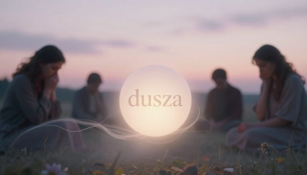 A serene, ethereal representation of "dusza" (soul) depicted as a soft, glowing orb of light, floating gracefully. In the foreground, delicate tendrils of mist weave around the orb, suggesting an emotional connection, evoking themes of loss and remembrance. The middle ground features blurred silhouettes of grieving figures in modest, respectful clothing, their expressions contemplative, conveying the psychological aspects of mourning. In the background, a tranquil Sunday landscape reveals a soft, pastel sky illuminated by the warm light of dawn, symbolizing hope and renewal amidst grief. The scene is bathed in gentle, soft lighting that enhances the dreamlike quality. The angle is slightly low to evoke a sense of wonder, emphasizing the soul's luminosity and the emotional weight of the moment. A serene, ethereal representation of "dusza" (soul) depicted as a soft, glowing orb of light, floating gracefully. In the foreground, delicate tendrils of mist weave around the orb, suggesting an emotional connection, evoking themes of loss and remembrance. The middle ground features blurred silhouettes of grieving figures in modest, respectful clothing, their expressions contemplative, conveying the psychological aspects of mourning. In the background, a tranquil Sunday landscape reveals a soft, pastel sky illuminated by the warm light of dawn, symbolizing hope and renewal amidst grief. The scene is bathed in gentle, soft lighting that enhances the dreamlike quality. The angle is slightly low to evoke a sense of wonder, emphasizing the soul's luminosity and the emotional weight of the moment.