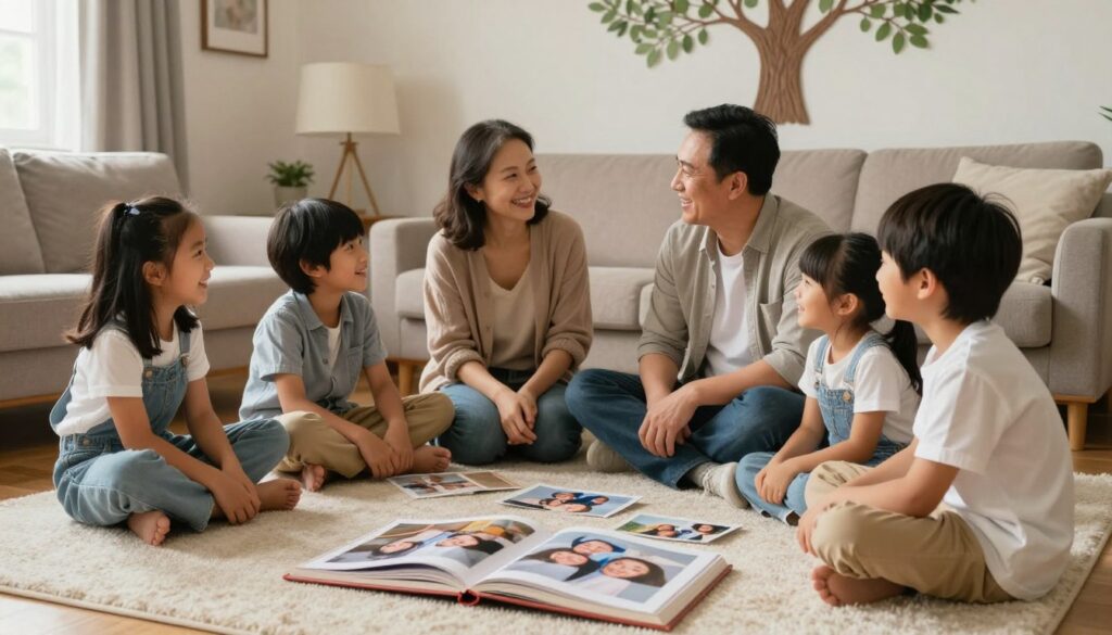 A serene family gathering scene depicting strong familial bonds, with a middle-aged couple engaging warmly with their children in a cozy living room. The foreground includes a soft rug with family photo albums spread out, symbolizing shared memories. In the middle, the parents are smiling at their kids, who are attentively listening, conveying an atmosphere of stability and connection. The background features a family tree on the wall, indicating deep-rooted relationships. Soft, warm lighting highlights the laughter and joy, creating an inviting and nurturing environment. The image captures a moment of togetherness and emotional stability, emphasizing the nurturing aspect of family relationships, all viewed from a slightly elevated angle to encompass the whole scene.