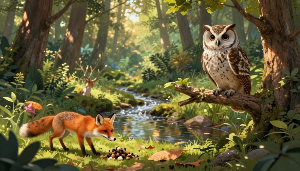 A serene forest scene depicting animals intertwined with nature to represent folklore beliefs. In the foreground, a wise owl perched on a tree branch, symbolizing knowledge and intuition. To the side, a playful fox is cautiously inspecting a small pile of animal droppings, showcasing the theme of superstition. In the middle ground, a gently flowing stream reflects the dappled sunlight filtering through the leaves, adding warmth and vibrancy to the atmosphere. The background is filled with lush greenery, tall trees, and various wildlife, creating a harmonious blend of life. Soft, golden sunlight casts enchanting shadows, enhancing the mystical mood. The image should convey a sense of wonder and exploration, inviting viewers into the world of animal and nature-related superstitions.