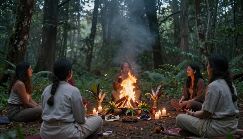 A serene forest setting during an ayahuasca ceremony, featuring a humble altar with ritual items like feathers, candles, and plants. In the foreground, a group of three people dressed in modest, earthy-toned clothing sits attentively, with a spiritual leader guiding them. The middle ground shows a small, sacred bonfire casting warm, flickering light that contrasts with the cool twilight atmosphere. In the background, densely-packed trees create a sense of isolation and introspection, shrouded in soft mist. The overall mood is tranquil yet respectful, emphasizing a moment of contemplation and the importance of health precautions during rituals. Use soft, diffused lighting to enhance the peaceful ambiance and capture the intricate details of the scene from a slightly upward angle, inviting viewers into the experience.
