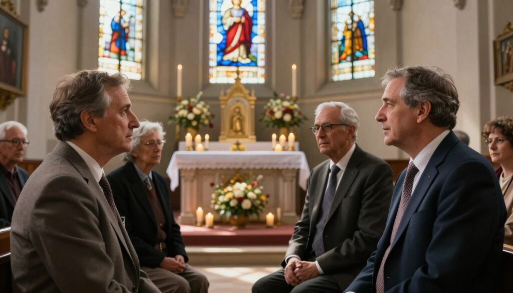 A serene gathering of devoted individuals at a chapel, reflecting on their experiences with Father Pio. In the foreground, two middle-aged individuals dressed in modest business attire engage in a heartfelt discussion, their expressions conveying deep reverence and inspiration. The middle ground features an altar adorned with candles and flowers, creating a focal point of spirituality. In the background, soft rays of sunlight filter through stained glass windows, casting colorful patterns on the walls. The atmosphere is calm and contemplative, evoking a sense of connection to the past while emphasizing the shared testimonies of those close to Father Pio. The scene should be warm, inviting, and infused with a sense of hope and faith.