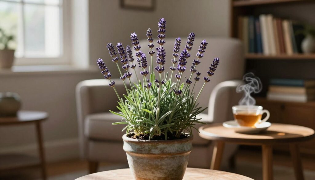 A serene indoor scene featuring a beautifully arranged lavender plant (lawenda) in a rustic ceramic pot, positioned prominently in the foreground. Soft sunlight filters through a nearby window, casting gentle light and creating warm shadows that enhance the calming atmosphere. In the middle ground, a cozy living room setting unfolds with a comfortable armchair and a small side table adorned with a steaming cup of herbal tea, suggesting tranquility. The background includes subtle hints of a bookshelf filled with well-loved books and soft, muted wall colors, promoting a sense of peace. The overall mood is reflective and soothing, evoking a sense of warmth and comfort associated with lavender, while hinting at the potential for superstition. The image should be captured with a shallow depth of field to focus on the lavender while keeping the surrounding elements softly blurred.