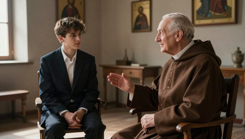 A serene indoor setting depicting the first meeting between Father Pio and a young Karol Wojtyła. In the foreground, Father Pio, an elderly priest with a warm expression, wears a simple brown Franciscan habit. He sits comfortably in a wooden chair, gesturing kindly. In the middle ground, Karol Wojtyła, a young man dressed in a plain dark suit, listens attentively with a look of deep contemplation. The background features a softly lit, rustic room adorned with religious icons and simple wooden furniture, creating an inviting atmosphere. Soft, natural light streams through a nearby window, casting gentle shadows and enhancing the peaceful mood. The image conveys a sense of reverence and anticipation, capturing a significant moment in history.
