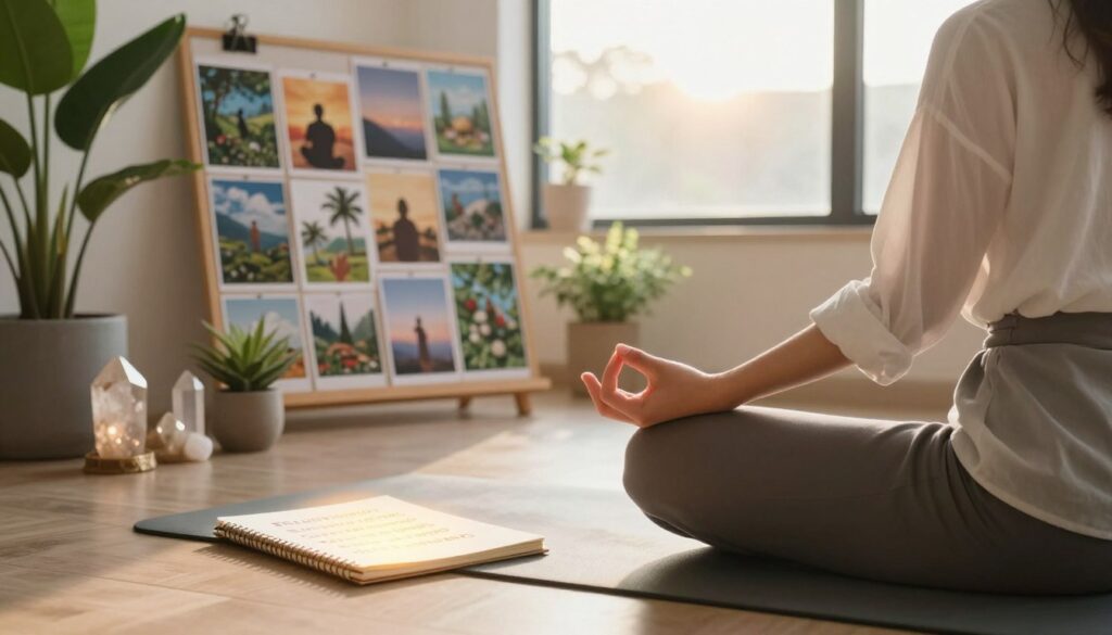 A serene indoor setting during sunrise, featuring a well-organized workspace decorated with plants and crystals, symbolizing abundance and wealth. In the foreground, a person in professional attire, sitting cross-legged on a yoga mat, is engaged in meditation with hands in a mudra, exuding calmness and focus. A notepad with positive affirmations displayed nearby, glowing faintly in soft, warm light. In the middle ground, a table showcases a vision board filled with images of success, prosperity, and nature. The background includes a large window with soft, natural light streaming in, illuminating the space and creating a tranquil ambiance. The overall mood is peaceful and uplifting, emphasizing mindfulness and belief in financial prosperity. A serene indoor setting during sunrise, featuring a well-organized workspace decorated with plants and crystals, symbolizing abundance and wealth. In the foreground, a person in professional attire, sitting cross-legged on a yoga mat, is engaged in meditation with hands in a mudra, exuding calmness and focus. A notepad with positive affirmations displayed nearby, glowing faintly in soft, warm light. In the middle ground, a table showcases a vision board filled with images of success, prosperity, and nature. The background includes a large window with soft, natural light streaming in, illuminating the space and creating a tranquil ambiance. The overall mood is peaceful and uplifting, emphasizing mindfulness and belief in financial prosperity.