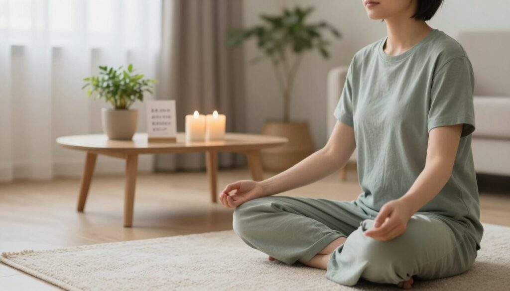 A serene indoor setting for meditation, featuring a person sitting cross-legged on a soft, textured rug, dressed in comfortable yet modest clothing. The foreground captures the relaxed posture and peaceful expression on their face, eyes gently closed as if in deep thought. In the middle, a small table with candles, a potted plant, and affirmation cards is visible, symbolizing positivity and mindfulness. The background is softly lit with warm, natural light filtering through sheer curtains, creating a tranquil atmosphere. Subtle colors like soft greens and warm neutrals dominate the scene, conveying a sense of calm and introspection. The composition should evoke feelings of serenity and focus on self-improvement through meditation.