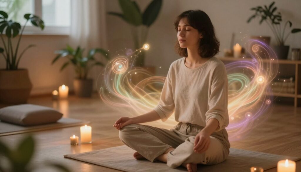 A serene indoor setting showcasing the physical and emotional manifestations of a ritual experience. In the foreground, a person in modest casual clothing, sitting cross-legged on a soft mat, eyes closed with a peaceful expression, surrounded by gentle, warm light. The middle of the scene features ethereal visual elements like glowing orbs and soft swirling colors representing emotions and energy release, softly illuminating the figure. In the background, a calming space adorned with plants and candles, emphasizing tranquility. The overall mood is one of introspection and emotional release, with soft, diffused lighting to create a harmonious ambiance, captured from a slightly elevated angle for a holistic view of the scene.