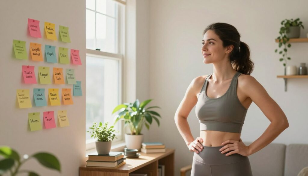 A serene indoor space filled with natural light, featuring a peaceful corner dedicated to self-reflection and wellness. In the foreground, a woman in modest activewear stands confidently with her hands on her hips, a smile of determination on her face. She gazes towards a wall adorned with colorful sticky notes containing positive affirmations related to weight loss and healthy habits. In the middle background, a cozy plant and inspirational books create a supportive atmosphere. Soft sunlight filters through a window, casting a warm glow, while gentle greenery adds tranquility. The overall mood is uplifting and encouraging, emphasizing motivation and the power of positive thinking.