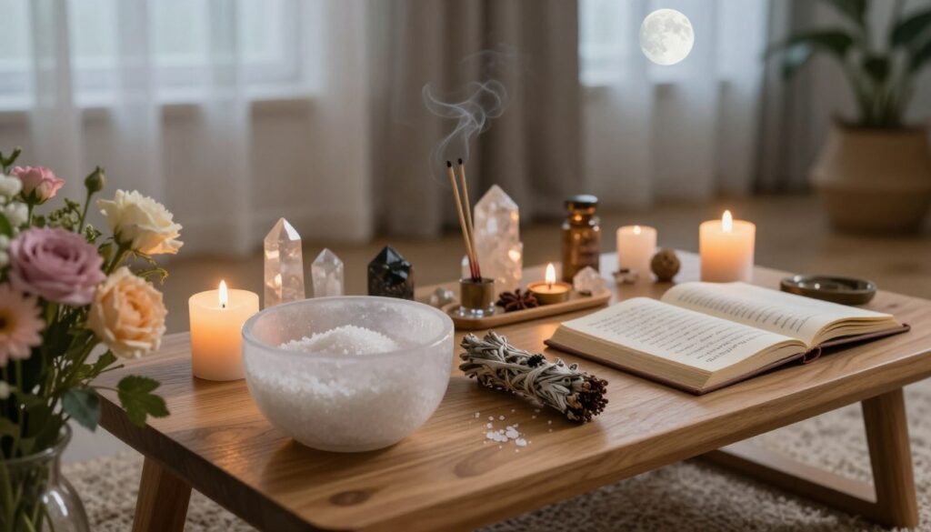 A serene indoor space is prepared for a full moon ritual. In the foreground, a low wooden table is adorned with a crystal bowl filled with salt, a bundle of sage, and a candle flickering softly. Flowers in soft pastel hues are arranged nearby, enhancing the atmosphere. In the middle ground, a well-organized altar features crystals, incense burning, and a small, open book with handwritten notes, conveying intention and reflection. The background showcases a softly lit room with sheer curtains, allowing moonlight to filter in, creating an ethereal glow. The overall mood feels tranquil and sacred, inviting an energy of purification and contemplation. The perspective is slightly elevated, providing a holistic view of the ritual space, with warm, natural lighting to enhance the feeling of serenity and focus.