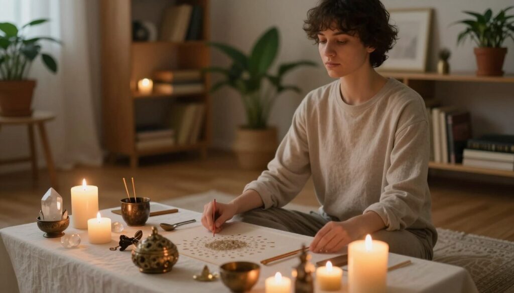A serene indoor space set up for a ritual to cut ties with toxic influences. In the foreground, a beautifully arranged altar with candles, crystals, and ritualistic tools, symbolizing cleansing and release. The middle ground features a figure in modest casual clothing, preparing mentally for the ritual, with a calm and focused expression. Soft, warm lighting envelops the room, creating a tranquil atmosphere conducive to reflection and meditation. The background shows shelves with books on self-healing and personal growth, along with potted plants that add a touch of nature. The composition captures a sense of peaceful determination, highlighting the preparation and intention behind the ritual. The angle is slightly elevated to encompass both the altar and the person, emphasizing the sacred nature of the moment.