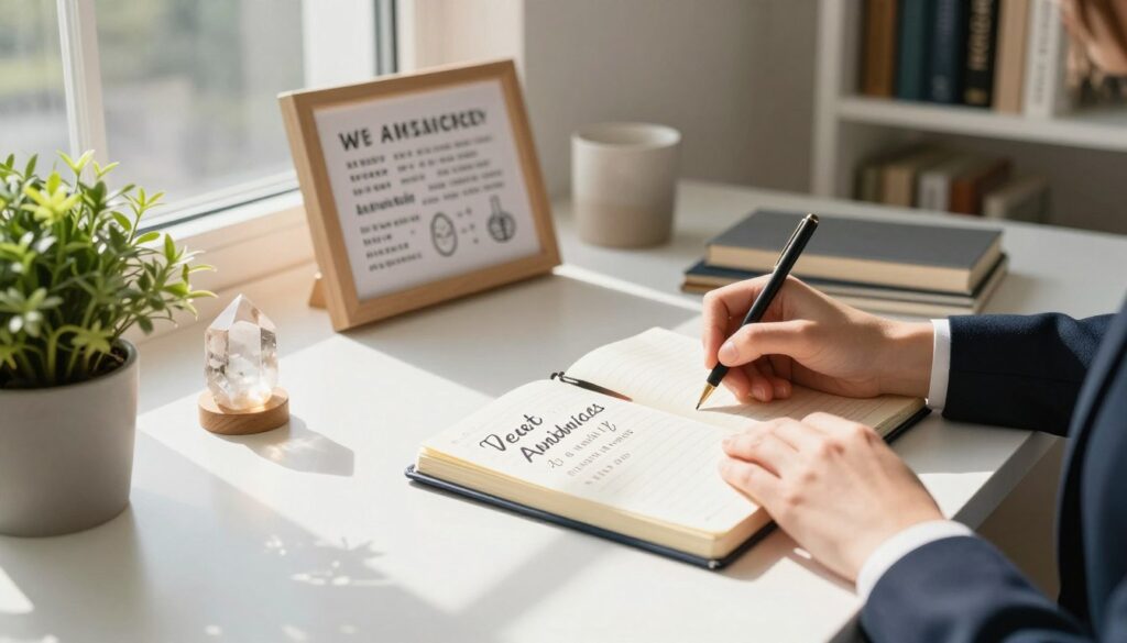 A serene, inviting workspace featuring a meticulously organized desk adorned with motivational quotes and imagery reflecting abundance. In the foreground, a pair of hands, casually dressed in smart, professional attire, are writing in a beautifully designed affirmation journal. In the middle, soft natural light streams through a window, casting gentle shadows across various objects symbolizing wealth, such as small plants, a glowing crystal, and a framed vision board. The background reveals bookshelves filled with literature on success and finance, contributing to a warm, encouraging atmosphere. The overall mood is one of inspiration, openness, and positivity, embodying the principles of wealth affirmations. The lens captures this scene from a slightly elevated angle for a dynamic perspective.