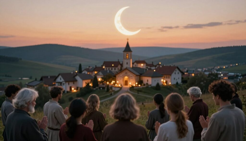 A serene landscape depicting the mystical town of Medjugorie, with rolling hills in the background under a warm sunset sky. In the foreground, a group of modestly dressed individuals, representing different ages and ethnicities, gather in prayer, symbolizing unity and faith. The scene captures an ethereal glow around a classic pilgrimage site, with small candles flickering softly. Above the town, a large, illuminated crescent moon casts a gentle light, enhancing the spiritual ambiance. The focus is on creating a hopeful and reflective mood, embodying the essence of prophecy and belief. Use a soft focus effect to evoke a dreamlike quality while maintaining clarity in the foreground faces. Aim for warm tones and a harmonious composition to invite contemplation.