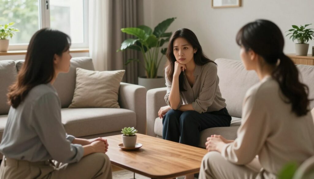 A serene living room setting that embodies tension and connection among family relationships. In the foreground, a woman in modest, professional attire sits at a coffee table engaged in a thoughtful conversation with another woman, her sister-in-law, who exhibits a contemplative expression. In the middle ground, a cozy sofa and potted plants create a warm yet introspective atmosphere. The background features soft, natural lighting coming from a large window, casting gentle shadows that enhance the mood of reflection. The angle is slightly elevated, offering a clear view of their expressions while maintaining a candid feel, evoking feelings of introspection and familial dynamics. Focus on the emotional nuances of their interaction while ensuring a harmonious and inviting environment. A serene living room setting that embodies tension and connection among family relationships. In the foreground, a woman in modest, professional attire sits at a coffee table engaged in a thoughtful conversation with another woman, her sister-in-law, who exhibits a contemplative expression. In the middle ground, a cozy sofa and potted plants create a warm yet introspective atmosphere. The background features soft, natural lighting coming from a large window, casting gentle shadows that enhance the mood of reflection. The angle is slightly elevated, offering a clear view of their expressions while maintaining a candid feel, evoking feelings of introspection and familial dynamics. Focus on the emotional nuances of their interaction while ensuring a harmonious and inviting environment.