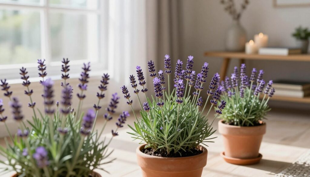 A serene living space featuring vibrant lavender plants, symbolizing tranquility and positive energy. In the foreground, potted lavender in various stages of bloom showcases deep purple flowers surrounded by lush green foliage, emitting a calming fragrance. The middle ground reveals a cozy room adorned with soft, natural light filtering through sheer curtains, illuminating the space and enhancing the calming atmosphere. The background includes subtle hints of a stylish, minimalist decor, such as a wooden table with candles and books, creating a warm and inviting vibe. The scene is captured from a slightly elevated angle, allowing viewers to appreciate the harmonious integration of nature within the home, evoking feelings of peace, love, and protective energy.