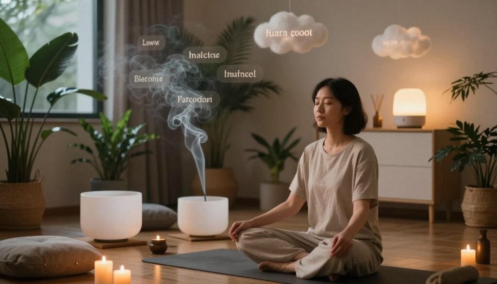 A serene meditation room filled with soft, ambient light, showcasing a person in modest casual attire practicing relaxation techniques. In the foreground, a person sits comfortably on a yoga mat, eyes closed, with a peaceful expression, surrounded by calming props like cushions and candles. In the middle ground, a gentle flow of incense smoke wafts through the air, creating a tranquil atmosphere, while affirmations written on subtle, floating clouds are softly illuminated. The background features lush indoor plants and a softly glowing, wall-mounted diffuser. The overall mood is calm and restorative, inviting a sense of mindfulness and positive energy, with warm lighting accentuating the soothing ambiance. A serene meditation room filled with soft, ambient light, showcasing a person in modest casual attire practicing relaxation techniques. In the foreground, a person sits comfortably on a yoga mat, eyes closed, with a peaceful expression, surrounded by calming props like cushions and candles. In the middle ground, a gentle flow of incense smoke wafts through the air, creating a tranquil atmosphere, while affirmations written on subtle, floating clouds are softly illuminated. The background features lush indoor plants and a softly glowing, wall-mounted diffuser. The overall mood is calm and restorative, inviting a sense of mindfulness and positive energy, with warm lighting accentuating the soothing ambiance.