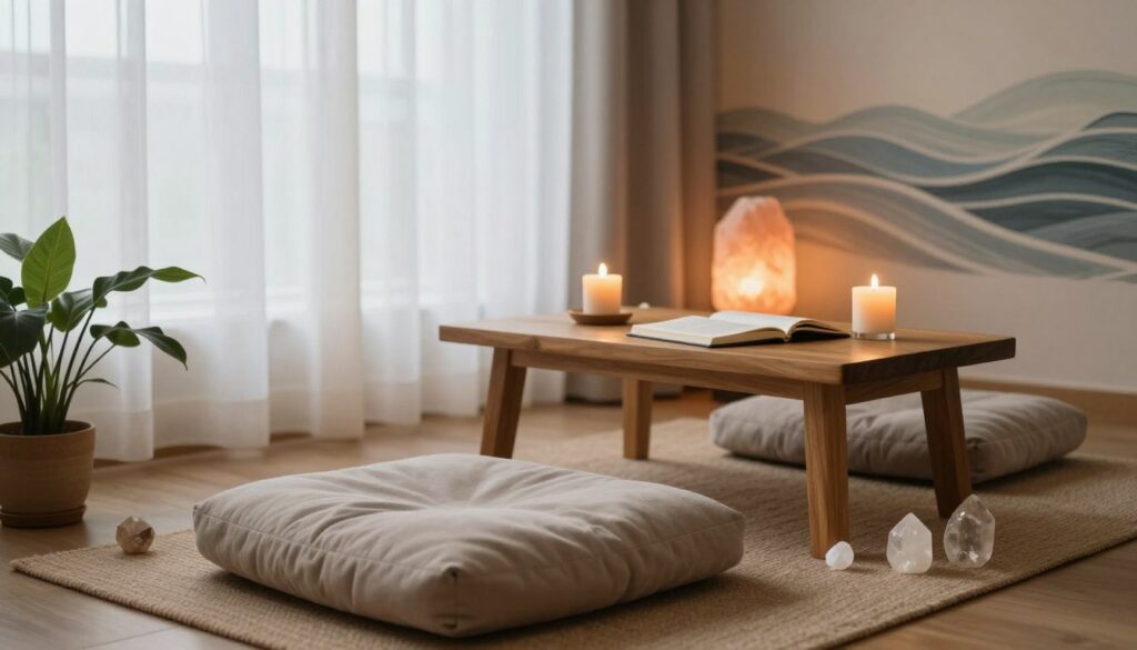 A serene meditation space for practicing affirmations, featuring a calm atmosphere with soft, natural lighting that filters through sheer curtains. In the foreground, a plush meditation cushion in muted earth tones, surrounded by delicate crystals and a small indoor plant. The middle ground includes a low wooden table holding a lit candle and a journal, inviting introspection. In the background, a cozy corner with a softly glowing salt lamp and a calming wall mural depicting abstract waves, suggesting tranquility and flow. The angle captures the space invitingly, emphasizing warmth and peacefulness, perfect for relaxation and positive self-work.
