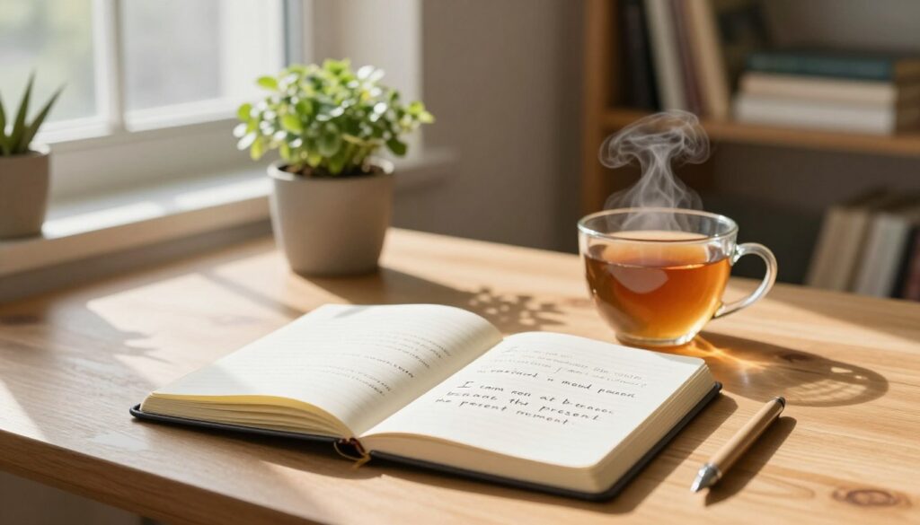 A serene morning scene depicting a cozy workspace with warm, natural light flooding in through a window. In the foreground, a neatly arranged wooden desk holds a calming open journal with handwritten affirmations like "I am at peace" and "I embrace the present moment." A steaming cup of herbal tea sits beside the journal, exuding a sense of tranquility. In the middle ground, a potted plant adds a touch of greenery, symbolizing growth. The background features softly blurred shelves filled with books on mindfulness and self-care, enhancing the atmosphere of calm and personal reflection. The overall mood is peaceful and encouraging, inviting the viewer to incorporate affirmations into their daily routine.