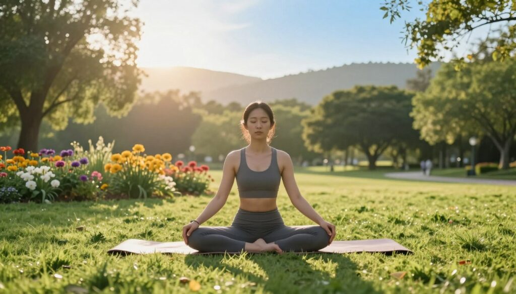 A serene morning scene depicting a peaceful individual practicing the butterfly stretch, surrounded by a lush, green park at dawn. In the foreground, the person is in a calm seated position with their hands on their knees, embodying a feeling of tranquility and focus, dressed in modest fitness attire. In the middle ground, vibrant flowers bloom, adding color and life to the scene, while soft sunlight filters through the trees, creating a warm, golden glow. The background features gentle hills and a clear blue sky, enhancing the uplifting atmosphere. This image should evoke a sense of mindfulness and positivity, suitable for illustrating the techniques of somatic practices in affirmation. Capture this moment with a wide-angle lens to emphasize the connection with nature and the peaceful environment.