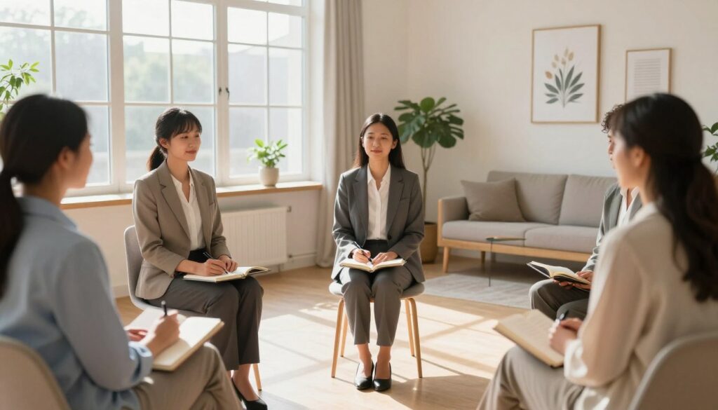 A serene morning scene illustrating techniques for incorporating affirmations into daily routines. In the foreground, a diverse group of three individuals, dressed in professional business attire, sits in a bright, sunlit room engaged in a guided affirmation session, with one person writing in a journal. In the middle ground, a large window allows soft, natural light to flood in, while simple plants and motivational art adorn the walls, creating a calming atmosphere. In the background, a cozy nook with additional seating and an open book can be seen, encouraging reflection and mindfulness. The overall mood is uplifting and peaceful, capturing a sense of growth and possibility, with warm tones and gentle shadows enhancing the inviting setting.