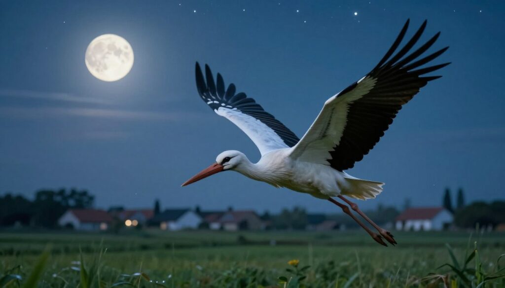 A serene night scene showcasing a stork in flight against a backdrop of a starry sky. In the foreground, depict the stork gracefully soaring, its wings spread wide, embodying hope and change, with detailed feathers reflecting the soft moonlight. The middle ground features subtle hints of lush green fields illuminated by gentle, diffuse moonlight, suggesting tranquility and the promise of new beginnings. In the background, a peaceful village rests under the stars, with faint silhouettes of homes and trees, evoking a sense of community and family. The overall mood is uplifting and reflective, symbolizing the psychological significance of dreams related to family and positive transformations. Use soft, cool lighting to enhance the calm atmosphere and create a dreamlike quality. A serene night scene showcasing a stork in flight against a backdrop of a starry sky. In the foreground, depict the stork gracefully soaring, its wings spread wide, embodying hope and change, with detailed feathers reflecting the soft moonlight. The middle ground features subtle hints of lush green fields illuminated by gentle, diffuse moonlight, suggesting tranquility and the promise of new beginnings. In the background, a peaceful village rests under the stars, with faint silhouettes of homes and trees, evoking a sense of community and family. The overall mood is uplifting and reflective, symbolizing the psychological significance of dreams related to family and positive transformations. Use soft, cool lighting to enhance the calm atmosphere and create a dreamlike quality.