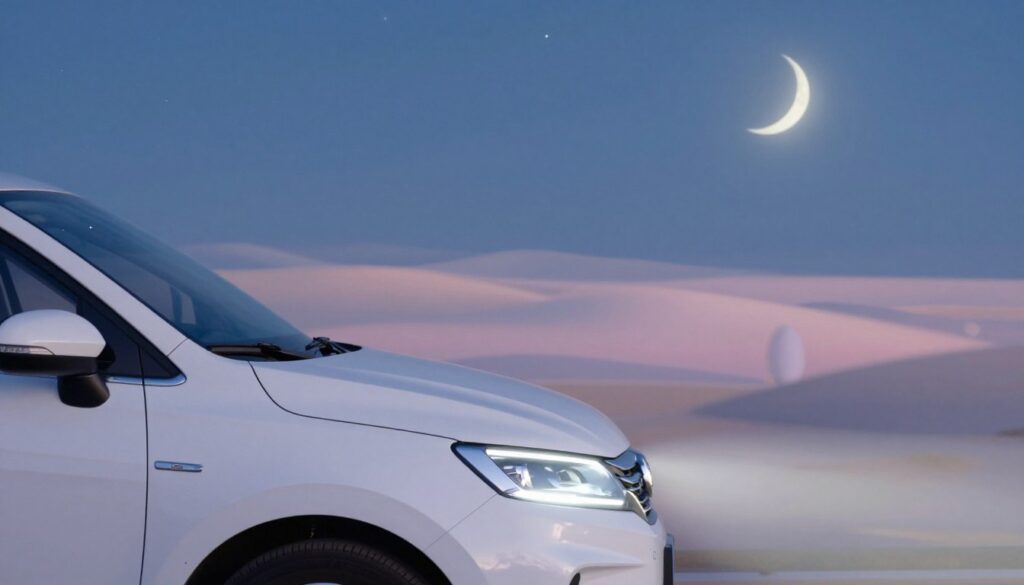 A serene nighttime scene depicting a white vehicle in a dreamlike state, showcasing its technical condition. In the foreground, the vehicle appears immaculate, with attention to details like shiny chrome accents and clear headlights illuminating softly. The middle layer features a blurred, ethereal landscape representing the subconscious, filled with abstract shapes and gentle pastel colors that suggest movement and progression. In the background, a tranquil night sky filled with twinkling stars and a soft crescent moon creates an atmosphere of wonder and possibility. Use soft, diffused lighting to enhance the dreamlike quality, capturing the essence of clarity and potential inherent in the vehicle's condition. Aim for a sense of introspection and exploration, evoking feelings of hope and transformation. A serene nighttime scene depicting a white vehicle in a dreamlike state, showcasing its technical condition. In the foreground, the vehicle appears immaculate, with attention to details like shiny chrome accents and clear headlights illuminating softly. The middle layer features a blurred, ethereal landscape representing the subconscious, filled with abstract shapes and gentle pastel colors that suggest movement and progression. In the background, a tranquil night sky filled with twinkling stars and a soft crescent moon creates an atmosphere of wonder and possibility. Use soft, diffused lighting to enhance the dreamlike quality, capturing the essence of clarity and potential inherent in the vehicle's condition. Aim for a sense of introspection and exploration, evoking feelings of hope and transformation.
