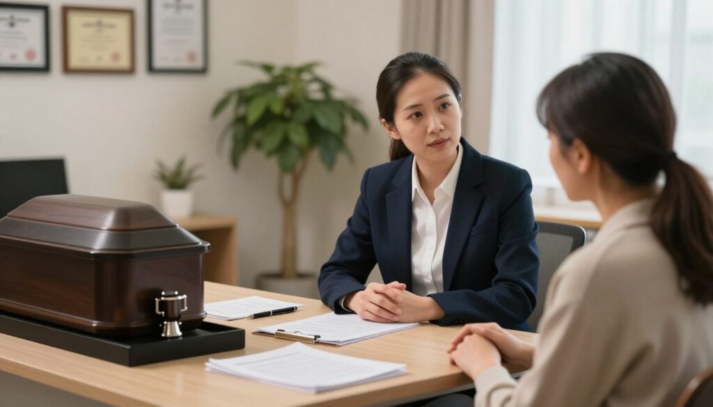 A serene office environment dedicated to the formalities of cremation services. In the foreground, a neatly arranged desk with paperwork, a pen, and an elegant urn. The middle ground features a professional consultant, dressed in a crisp blazer, engaging in a respectful discussion with a grieving family, their expressions reflecting empathy and understanding. Soft, warm lighting creates a comforting atmosphere, emphasizing the solemnity of the moment. In the background, a tasteful wall adorned with framed certificates and a potted plant adds a touch of tranquility. The scene captures the essence of professionalism and compassion, highlighting the necessary formalities involved in organizing cremation, evoking feelings of dignity and respect. A gentle focus, reminiscent of a professional photograph, enhances the emotional depth.