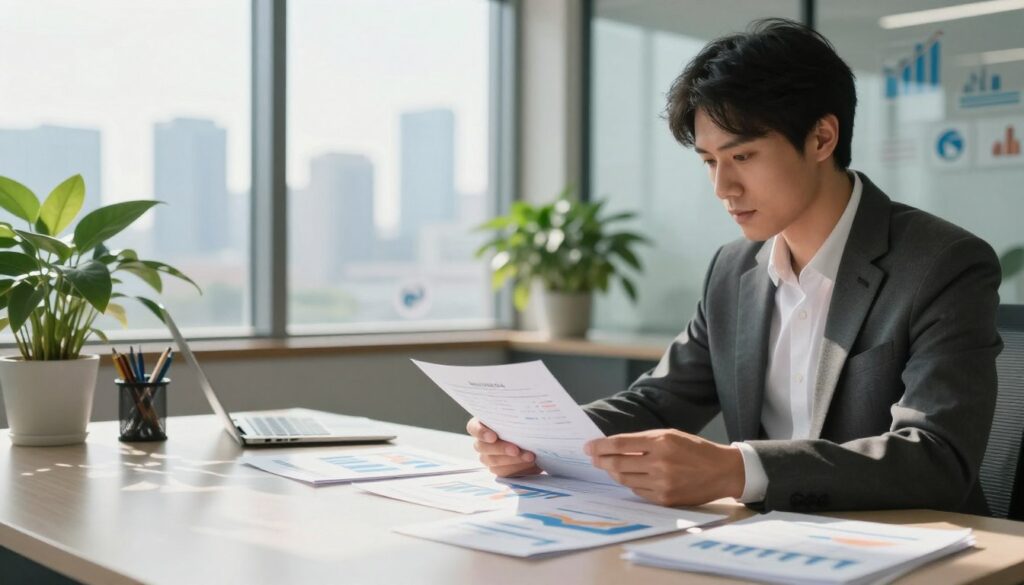 A serene office environment showcasing a professional working on financial planning. In the foreground, a focused individual in business attire is consulting several documents and charts spread across a sleek desk, emphasizing budget management and financial strategies. In the middle ground, there is a large window revealing a bright skyline, symbolizing opportunity and growth. Potted plants add a touch of nature, creating a calming effect. In the background, abstract financial graphics and symbols subtly blend into the glass walls, enhancing the theme of finance. Soft, natural light filters through the window, casting gentle shadows, while the overall atmosphere conveys professionalism, clarity, and optimism about future financial stability and success.