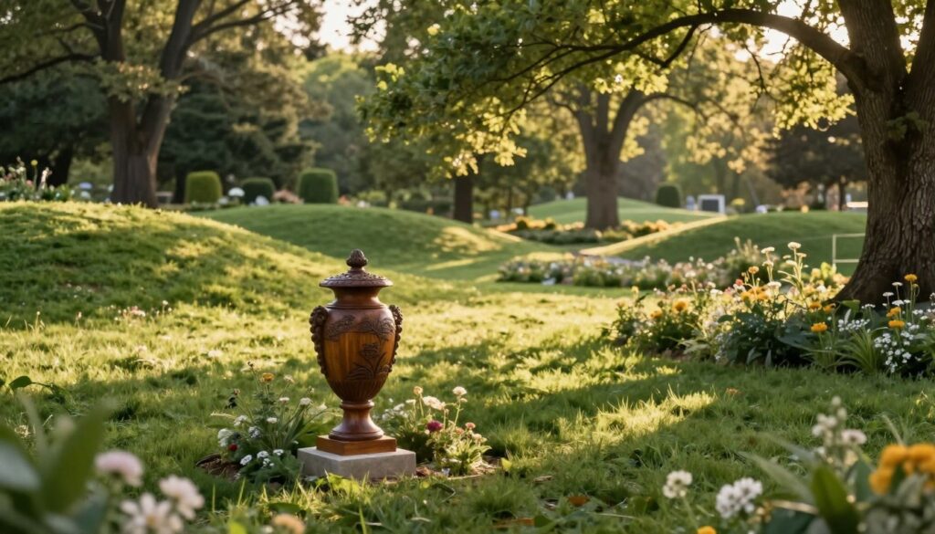 A serene outdoor setting for the placement of an urn, surrounded by lush greenery and blooming flowers, highlighting the tranquility of eternal rest. In the foreground, a beautifully crafted urn made of polished wood, displaying intricate carvings that reflect nature, sits atop a simple, elegant pedestal. In the middle ground, gentle hills roll softly, leading to a peaceful resting area adorned with soft grass and delicate wildflowers, suggesting a harmonious connection with nature. The background features tall, majestic trees, their leaves creating dappled sunlight patterns on the ground. The mood is calm and reflective, evoking a sense of peace and solace. The lighting is warm and golden, reminiscent of a late afternoon, enhancing the serene atmosphere. The scene is captured from a slightly elevated angle to encompass the entirety of this tranquil resting place.