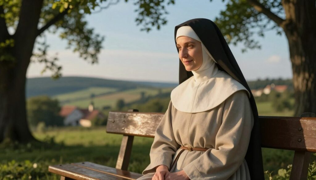 A serene portrayal of Sister Lucia of Fatima, a Polish nun, in a contemplative pose, dressed in a simple, modest habit. In the foreground, Sister Lucia is seated on a wooden bench, her expression calm and introspective, with a gentle smile that reflects wisdom and hope. In the middle ground, there are soft, blurred outlines of lush green trees, symbolizing peace and harmony. The background features a distant view of a traditional Polish landscape with rolling hills and a clear blue sky, representing the cultural heritage related to her visions. The lighting is warm and ethereal, casting a golden hue that evokes a spiritual atmosphere. The image captures a sense of reverence and reflection, inviting viewers to contemplate her prophecies and their significance for Poland. A serene portrayal of Sister Lucia of Fatima, a Polish nun, in a contemplative pose, dressed in a simple, modest habit. In the foreground, Sister Lucia is seated on a wooden bench, her expression calm and introspective, with a gentle smile that reflects wisdom and hope. In the middle ground, there are soft, blurred outlines of lush green trees, symbolizing peace and harmony. The background features a distant view of a traditional Polish landscape with rolling hills and a clear blue sky, representing the cultural heritage related to her visions. The lighting is warm and ethereal, casting a golden hue that evokes a spiritual atmosphere. The image captures a sense of reverence and reflection, inviting viewers to contemplate her prophecies and their significance for Poland.