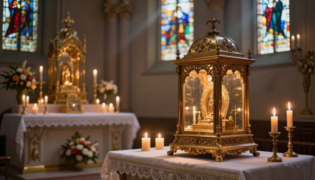 A serene sanctuary interior dedicated to the veneration of religious relics, featuring an ornate altar adorned with glimmering gold accents and soft candlelight illuminating delicate artifacts. In the foreground, a beautifully crafted reliquary holds a significant relic, with intricate carvings and a glass enclosure reflecting the warm light. The middle ground showcases rows of lit candles and small floral offerings placed reverently, creating a peaceful atmosphere. The background features softly blurred stained glass windows casting colorful rays of light, enhancing the spiritual ambiance. The scene is captured with a slight depth of field to emphasize the reliquary while creating an ethereal, tranquil mood, reminiscent of a sacred space.
