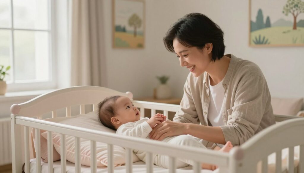 A serene scene depicting a peaceful nursery where emotional warmth and care influence the development of a baby. In the foreground, a cozy crib with soft, pastel-colored bedding. A gentle light filters through a window, creating a warm atmosphere. In the middle ground, a loving parent, dressed in modest casual clothing, is seated beside the crib, gazing affectionately at the baby. The parent’s expression is one of joy and positivity, reflecting their nurturing spirit. In the background, the walls are decorated with soothing artwork of nature scenes, emphasizing a calm and loving environment. Soft, ambient lighting enhances the sense of tranquility and connection between the parent and the child, symbolizing the impact of emotions on the baby's growth. A serene scene depicting a peaceful nursery where emotional warmth and care influence the development of a baby. In the foreground, a cozy crib with soft, pastel-colored bedding. A gentle light filters through a window, creating a warm atmosphere. In the middle ground, a loving parent, dressed in modest casual clothing, is seated beside the crib, gazing affectionately at the baby. The parent’s expression is one of joy and positivity, reflecting their nurturing spirit. In the background, the walls are decorated with soothing artwork of nature scenes, emphasizing a calm and loving environment. Soft, ambient lighting enhances the sense of tranquility and connection between the parent and the child, symbolizing the impact of emotions on the baby's growth.
