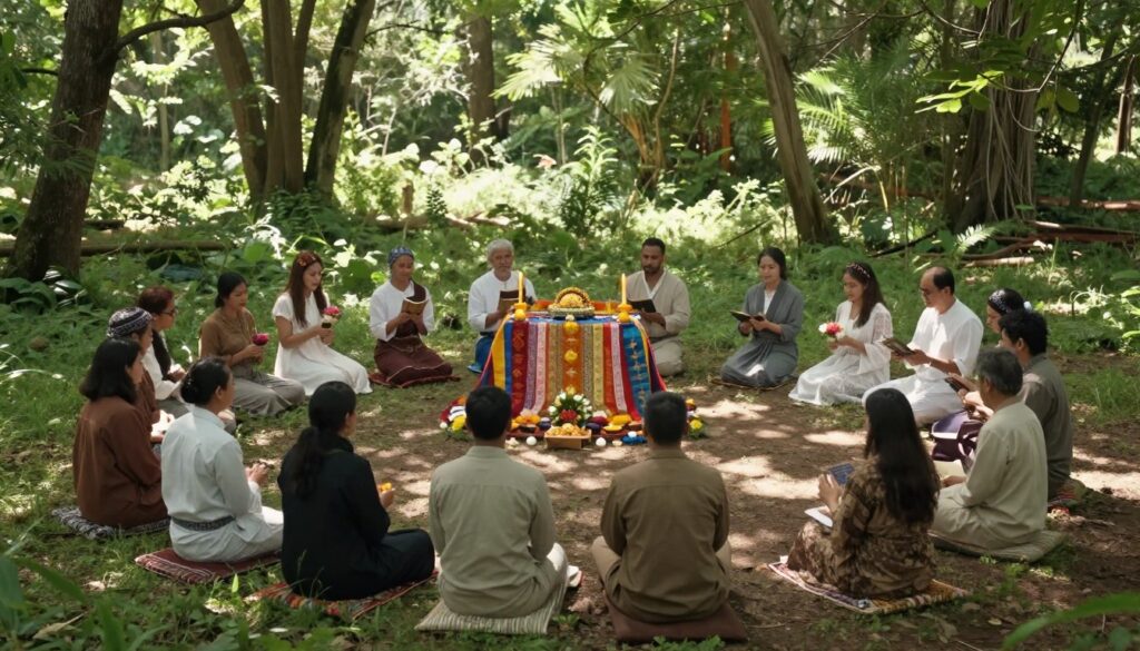 A serene scene depicting a religious transition ritual set in a lush, tranquil forest clearing. In the foreground, a diverse group of individuals dressed in modest, traditional attire are gathered in a circle, each holding symbolic objects like candles, flowers, or sacred texts. The middle ground features an ornate altar adorned with colorful fabrics and offerings, evoking a sense of spirituality. In the background, soft sunlight filters through the trees, casting gentle dappled patterns on the ground, enhancing the atmosphere of reverence and tranquility. The composition should be shot from a slightly elevated angle, allowing viewers to feel immersed in the scene. The mood is peaceful and contemplative, inviting viewers to reflect on the significance of religious rituals in life transitions. A serene scene depicting a religious transition ritual set in a lush, tranquil forest clearing. In the foreground, a diverse group of individuals dressed in modest, traditional attire are gathered in a circle, each holding symbolic objects like candles, flowers, or sacred texts. The middle ground features an ornate altar adorned with colorful fabrics and offerings, evoking a sense of spirituality. In the background, soft sunlight filters through the trees, casting gentle dappled patterns on the ground, enhancing the atmosphere of reverence and tranquility. The composition should be shot from a slightly elevated angle, allowing viewers to feel immersed in the scene. The mood is peaceful and contemplative, inviting viewers to reflect on the significance of religious rituals in life transitions.