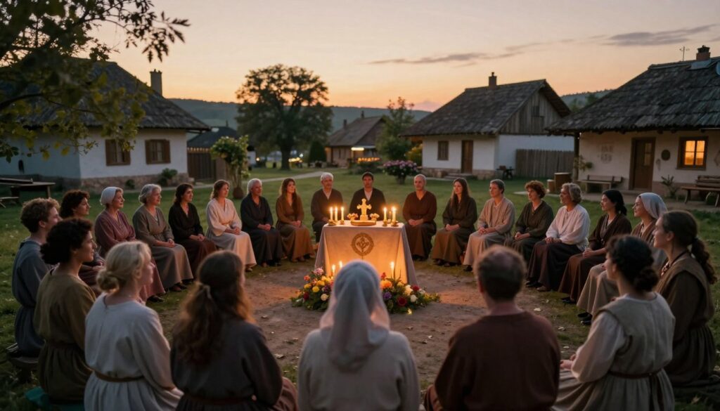 A serene scene depicting the "Ritual of St. Catherine," set in a traditional village square during dusk. In the foreground, a diverse group of people dressed in modest, historically-inspired clothing are gathered in a circle, their faces reflecting joy and contemplation. In the middle, an altar adorned with candles, flowers, and sacred symbols emanates a warm, inviting glow. The background features quaint, rustic houses shrouded in the soft, golden light of sunset, with trees gently swaying in the breeze. The atmosphere is peaceful yet mystical, conveying a sense of community and reverence. The image should capture intricate details, with a warm color palette, soft focus for depth, and a slightly elevated perspective that emphasizes the gathering.