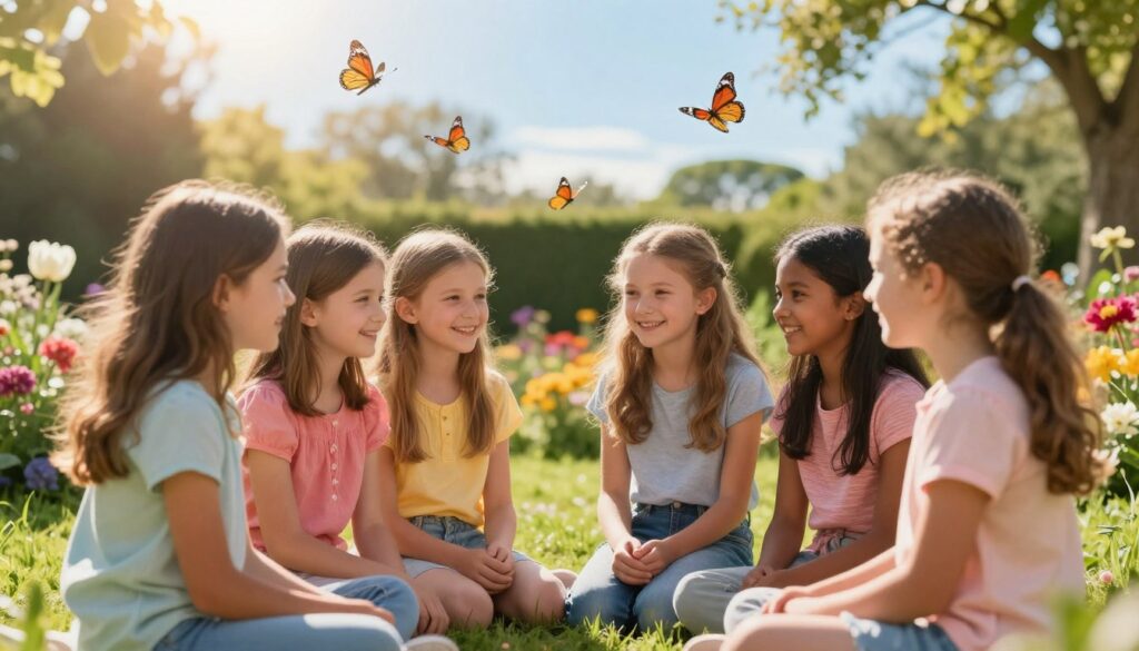 A serene scene depicting the emotional growth of girls influenced by positive affirmations. In the foreground, a diverse group of four girls, aged 8-12, are engaged in a circle, smiling and sharing affirmations. They are dressed in colorful casual clothing, radiating joy and confidence. The middle ground features a peaceful garden setting with blooming flowers, green grass and butterflies fluttering around, symbolizing growth and positivity. A warm, golden sunlight bathes the scene, creating a soft, uplifting atmosphere. The background showcases soft, blurred trees and a clear blue sky, emphasizing tranquility and harmony. The image captures a moment of empowerment and emotional connection, conveying the strength of positive self-talk in nurturing self-esteem and security.