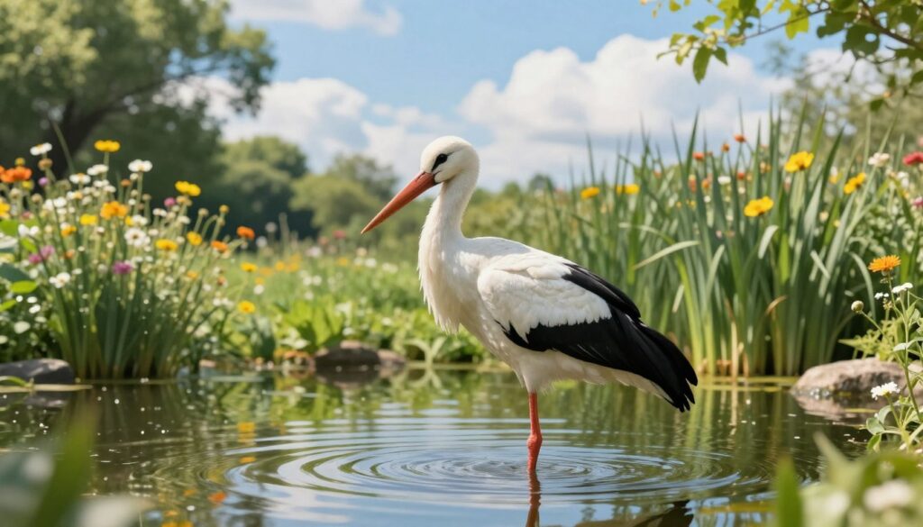 A serene scene of a stork in its natural habitat, standing gracefully by a tranquil pond surrounded by lush greenery. The stork, with its striking white and black feathers, is captured in the foreground, gazing thoughtfully at a gentle ripple in the water, symbolizing changes and new beginnings. In the middle background, soft wildflowers bloom alongside vibrant reeds, representing family and growth. The background features a bright blue sky with fluffy white clouds, creating a hopeful atmosphere. The warm sunlight filters through the trees, casting delicate shadows and enhancing the serene mood. The image should be sharp and clear, reminiscent of a wide-angle lens, to evoke a sense of tranquility and optimism associated with dreaming of storks and their symbolism in life transitions. A serene scene of a stork in its natural habitat, standing gracefully by a tranquil pond surrounded by lush greenery. The stork, with its striking white and black feathers, is captured in the foreground, gazing thoughtfully at a gentle ripple in the water, symbolizing changes and new beginnings. In the middle background, soft wildflowers bloom alongside vibrant reeds, representing family and growth. The background features a bright blue sky with fluffy white clouds, creating a hopeful atmosphere. The warm sunlight filters through the trees, casting delicate shadows and enhancing the serene mood. The image should be sharp and clear, reminiscent of a wide-angle lens, to evoke a sense of tranquility and optimism associated with dreaming of storks and their symbolism in life transitions.