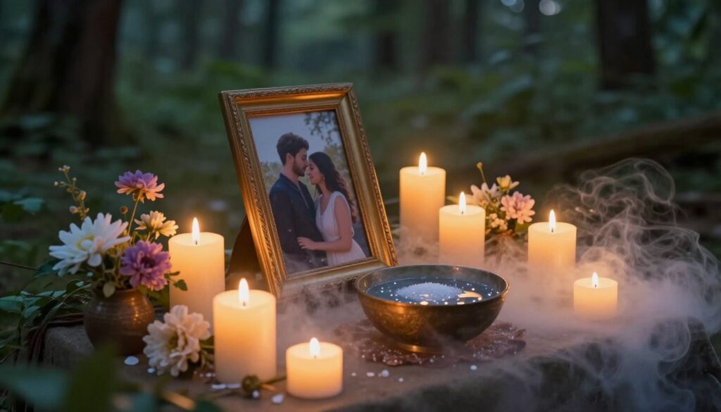 A serene setting for a mystical ritual centered around a photograph. In the foreground, a beautifully arranged altar with a framed picture of a couple, surrounded by flickering candles and delicate flowers. Soft, warm lighting creates an intimate atmosphere, enhancing the glow of the candles. In the middle ground, a small bowl filled with sparkling water and sugar sits nearby, signifying the ritual's elements. Ethereal mist curls around the base of the altar. The background features soft, blurred forest greenery, bathed in gentle twilight hues that suggest a sacred space. The overall mood is tranquil, mystical, and inviting, evoking feelings of love and connection. The angle is slightly elevated, capturing the enchanting details of the ritual setup without any text or distractions.